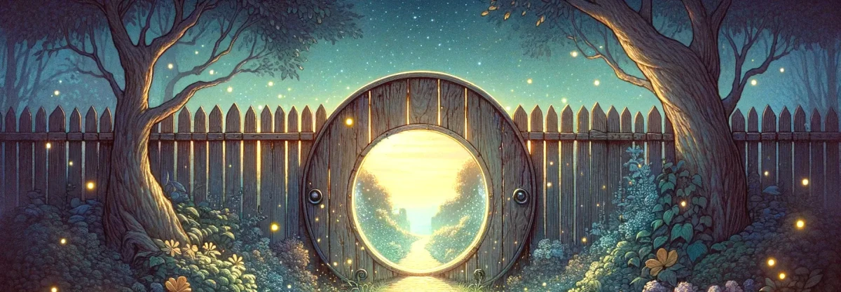 a hole in a fence inviting the viewer onto an unknown but promising path